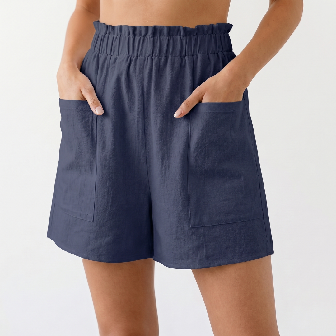 Linen Shorts Women - Elastic Paperbag Waist Pocket Summer Shorts
