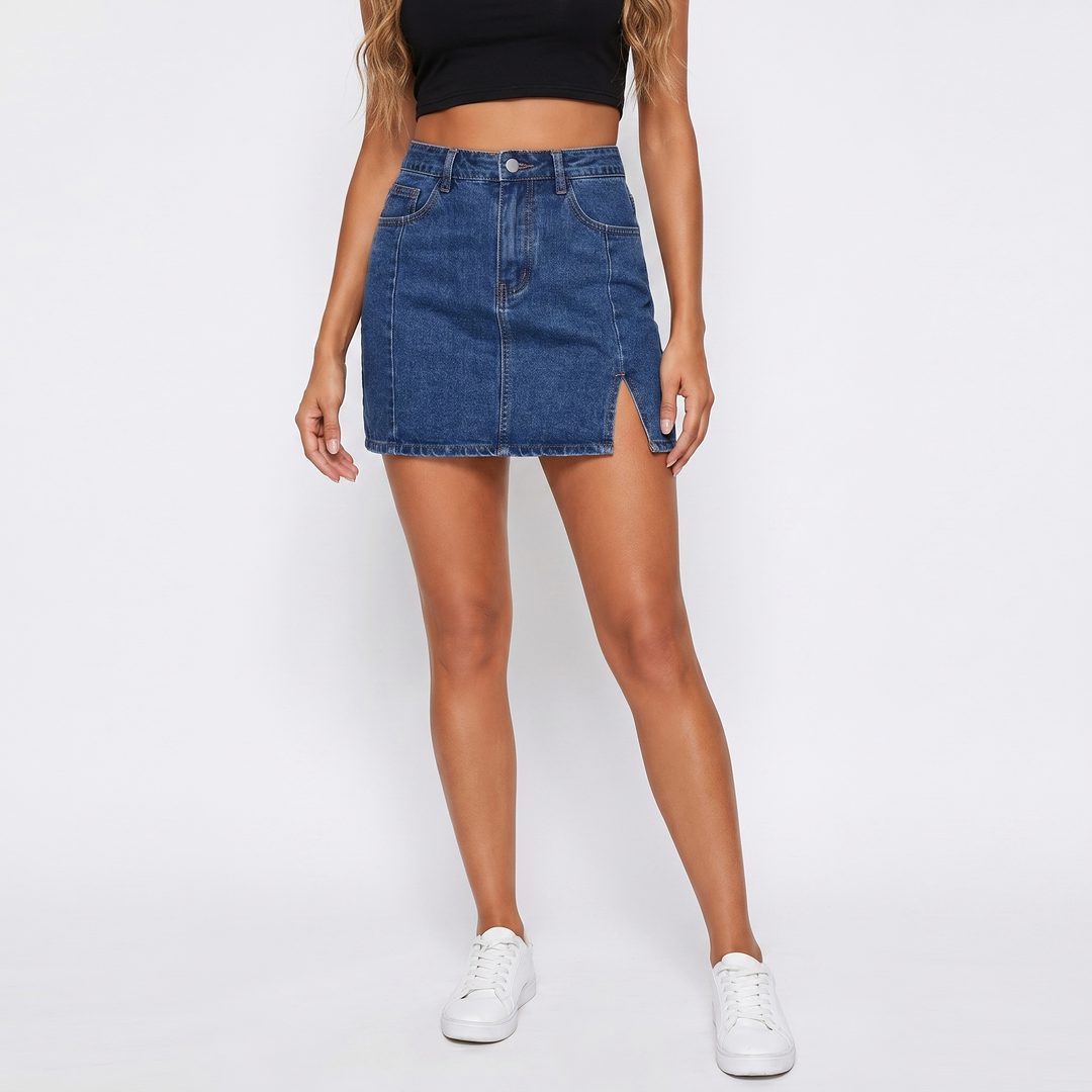 Denim Mini Skirt Women - High Waisted Side Slit Jean Skirt