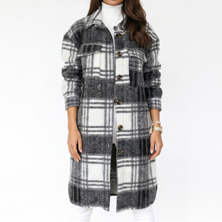 Women's Plaid Print Trench Coat – Oversized Checked Jacket Casual Outerwear
