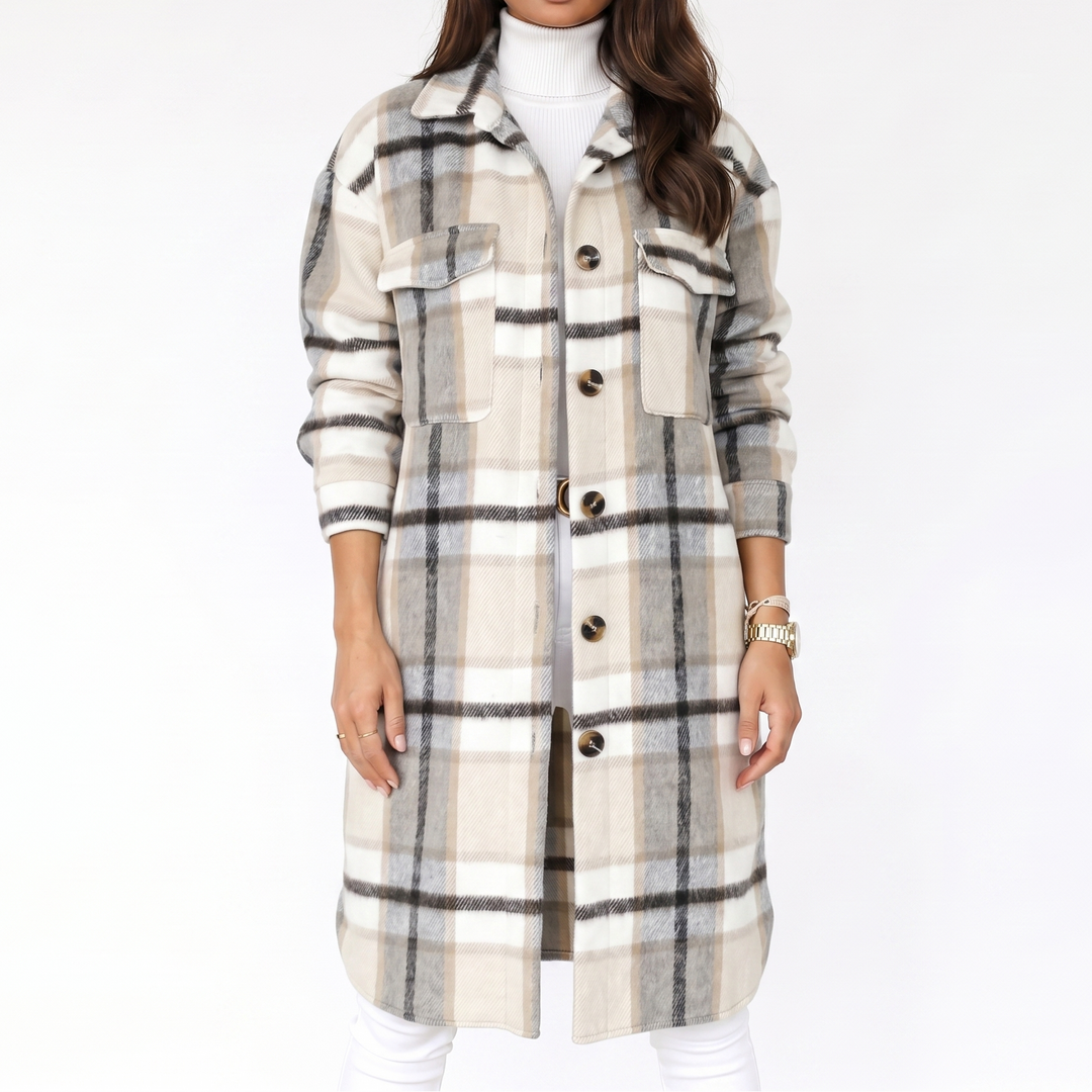 Women's Plaid Print Trench Coat – Oversized Checked Jacket Casual Outerwear