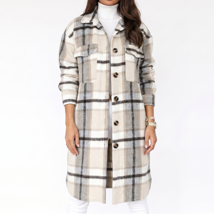 Women's Plaid Print Trench Coat – Oversized Checked Jacket Casual Outerwear