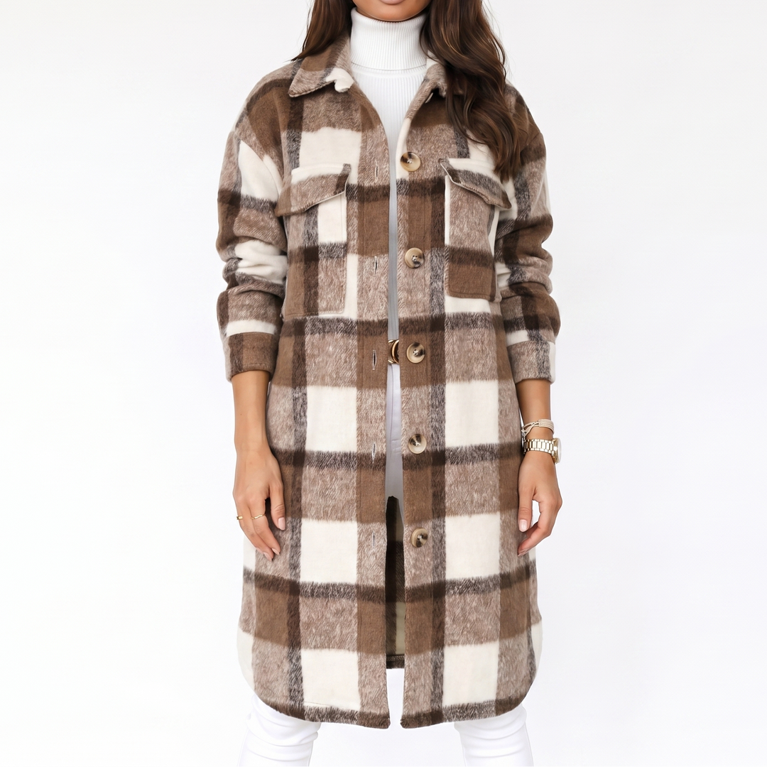 Women's Plaid Print Trench Coat – Oversized Checked Jacket Casual Outerwear