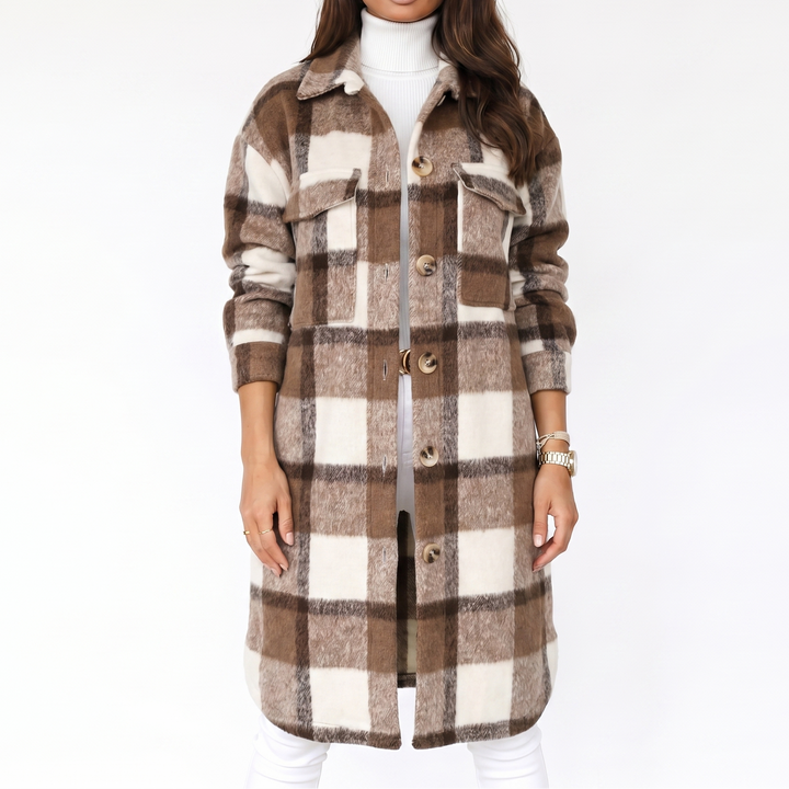 Women's Plaid Print Trench Coat – Oversized Checked Jacket Casual Outerwear