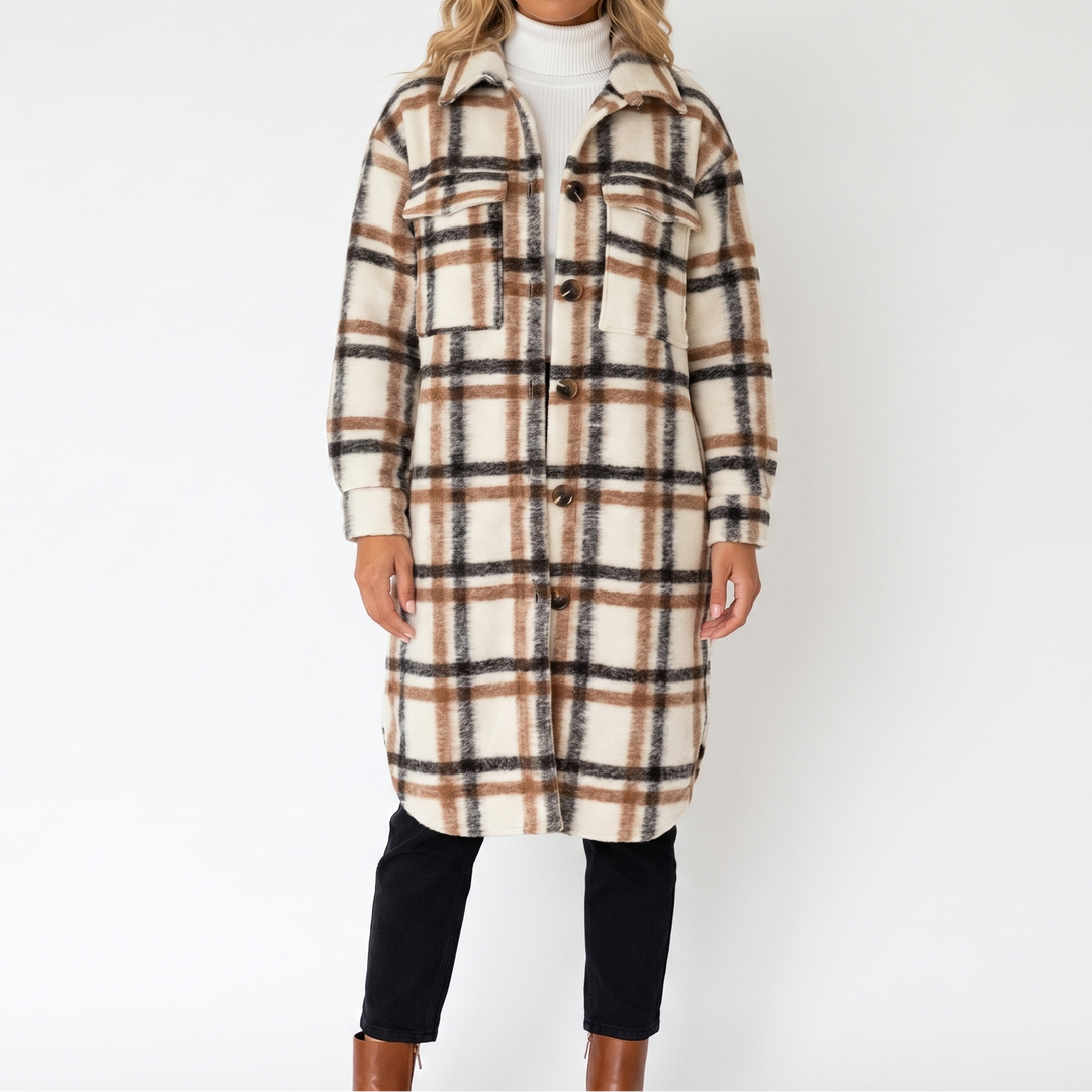 Women's Plaid Print Trench Coat – Oversized Checked Jacket Casual Outerwear