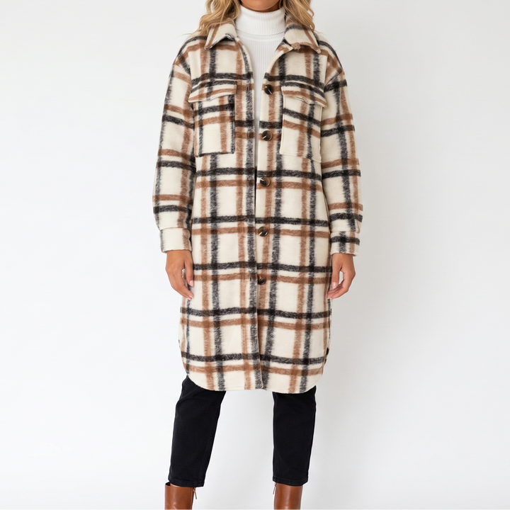Women's Plaid Print Trench Coat – Oversized Checked Jacket Casual Outerwear