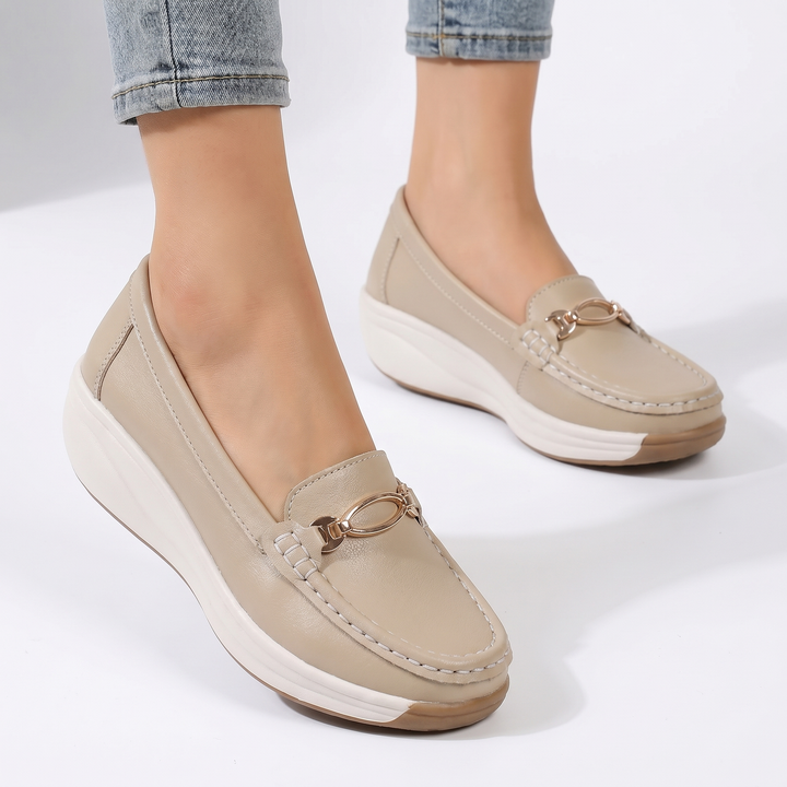 Platform Loafers Women - Slip On Wedge Moccasin with Buckle Detail