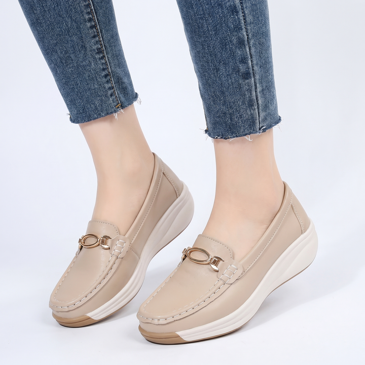 Platform Loafers Women - Slip On Wedge Moccasin with Buckle Detail