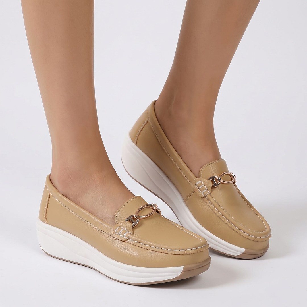 Platform Loafers Women - Slip On Wedge Moccasin with Buckle Detail