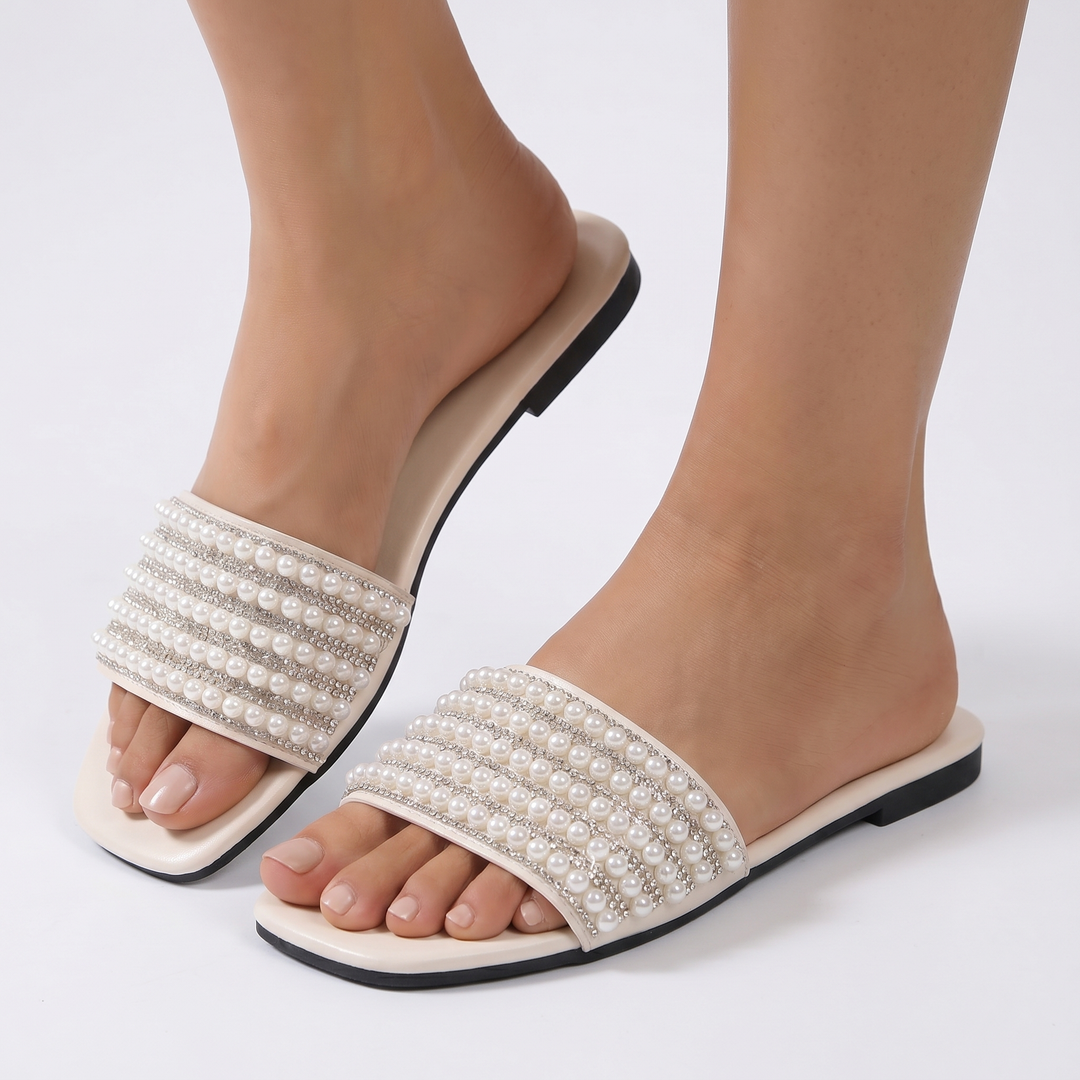 Pearl Slide Sandals Women - Flat Rhinestone Embellished Summer Slides