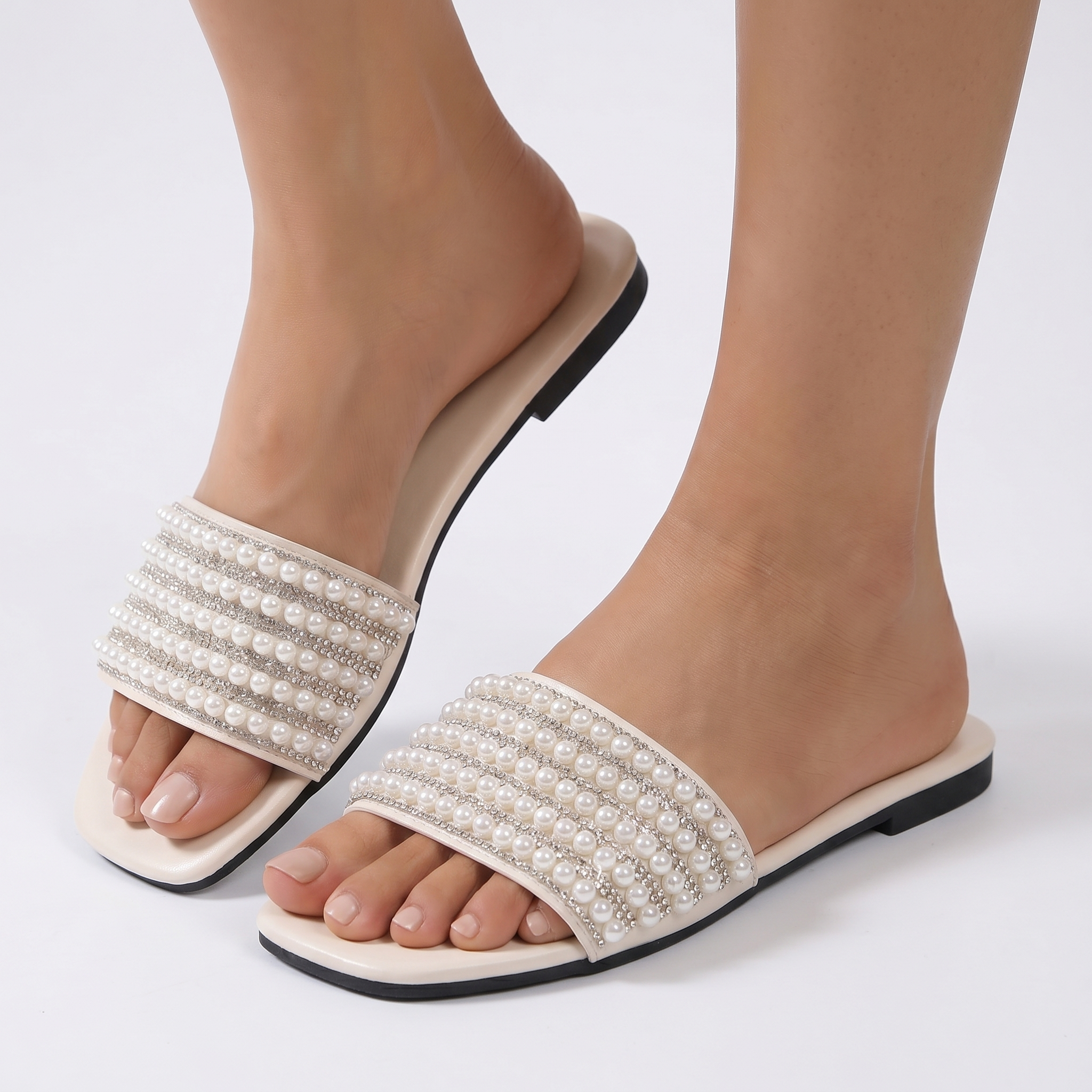 Pearl Slide Sandals Women - Flat Rhinestone Embellished Summer Slides