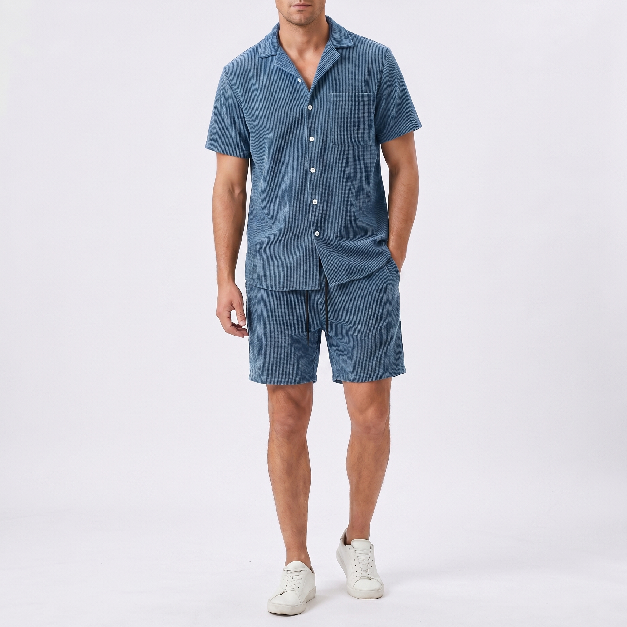 Mens Waffle Shirt and Shorts Set - Short Sleeve Summer Co-ord Outfit