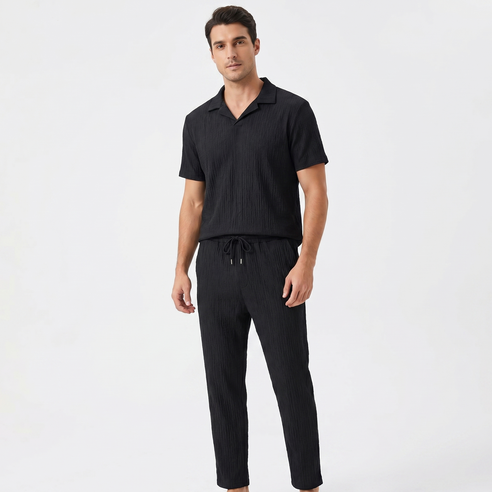 Mens Textured Shirt and Pants Set - Short Sleeve Summer Co-ord Outfit