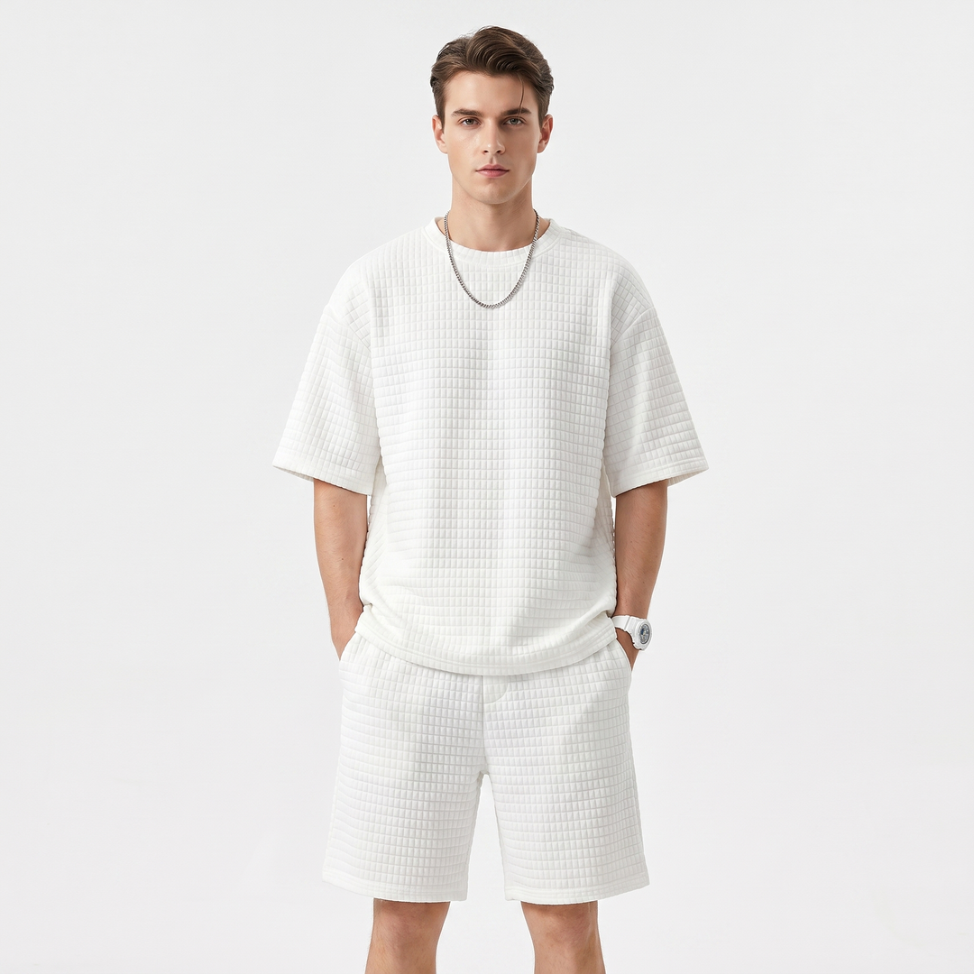 Mens Waffle Tee and Shorts Set - Oversized Textured Summer Co-ord