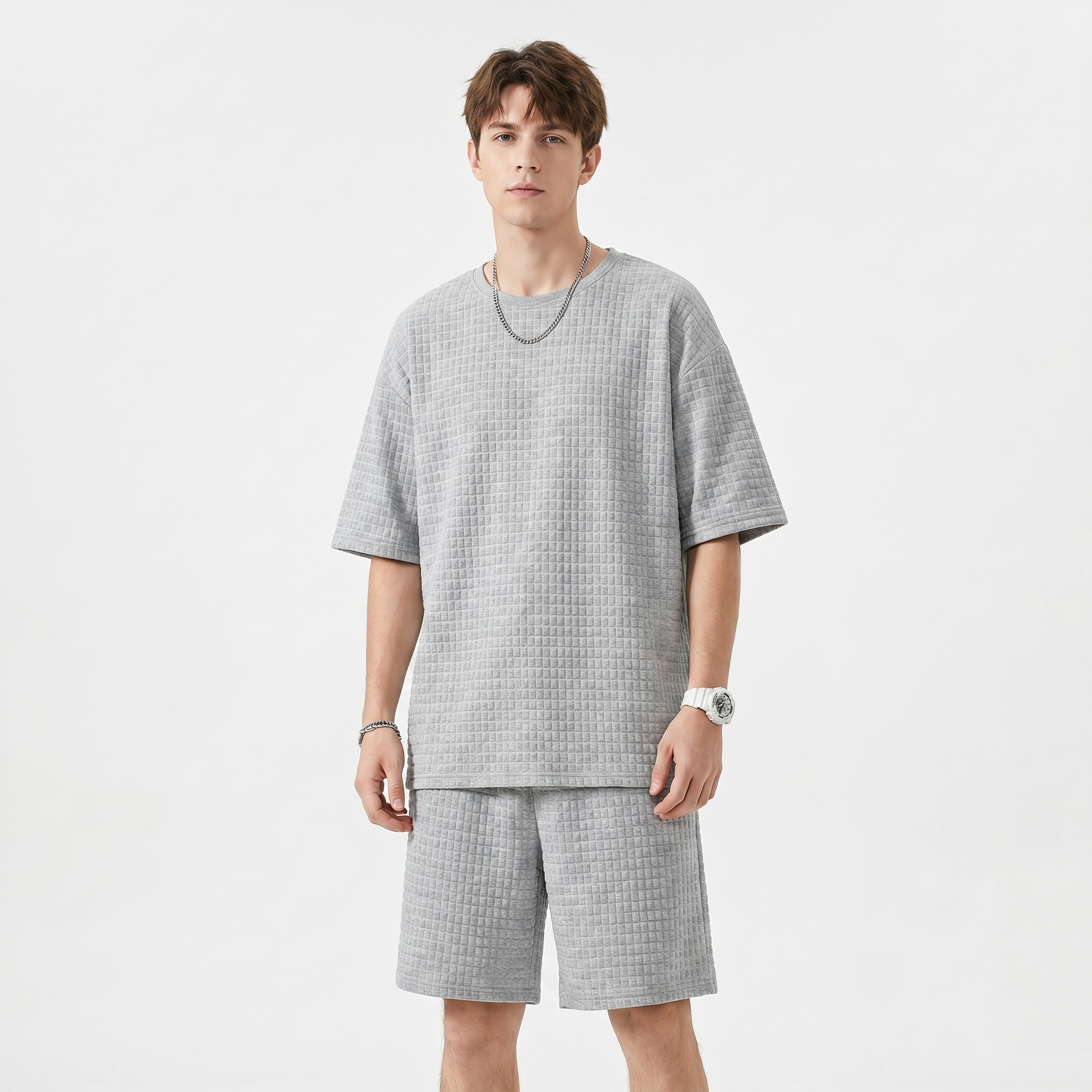 Mens Waffle Tee and Shorts Set - Oversized Textured Summer Co-ord