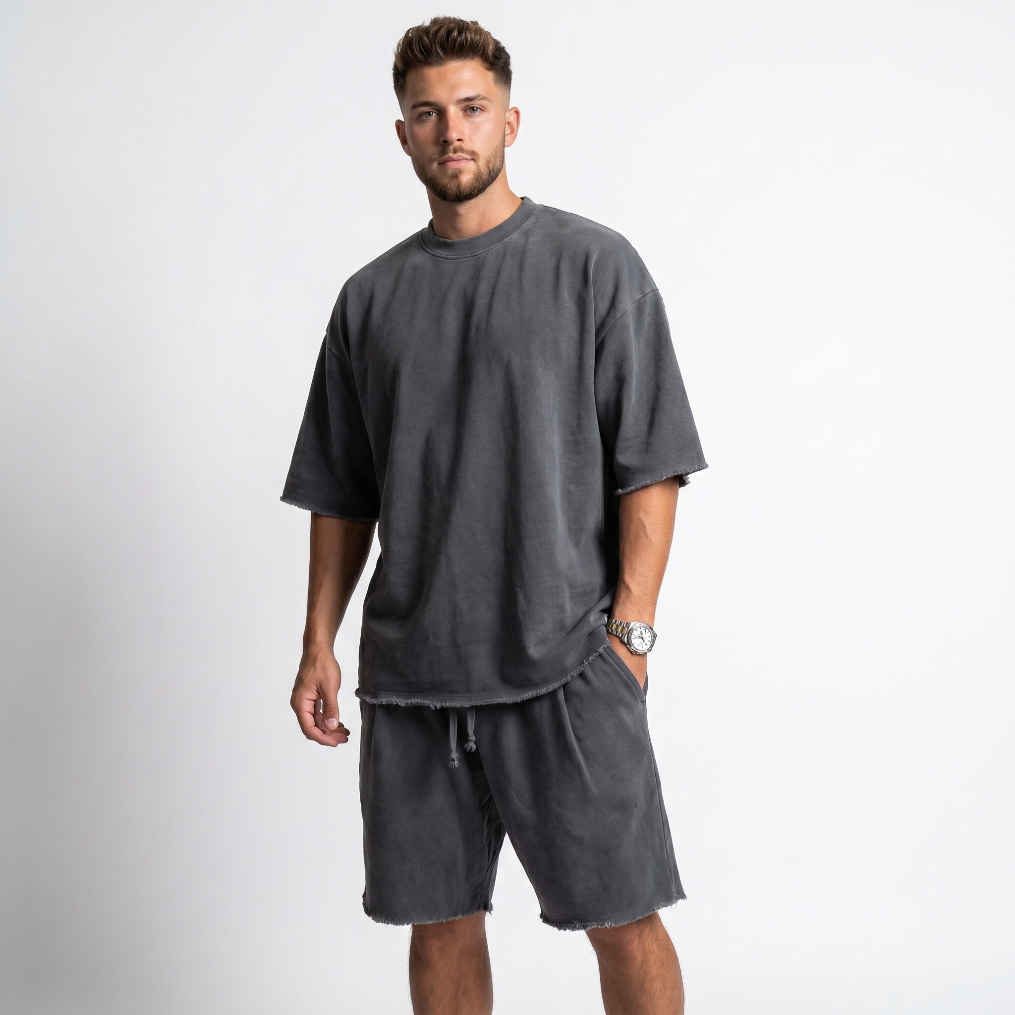 Mens Oversized Tee and Shorts Set - Raw Hem Terry Summer Co-ord