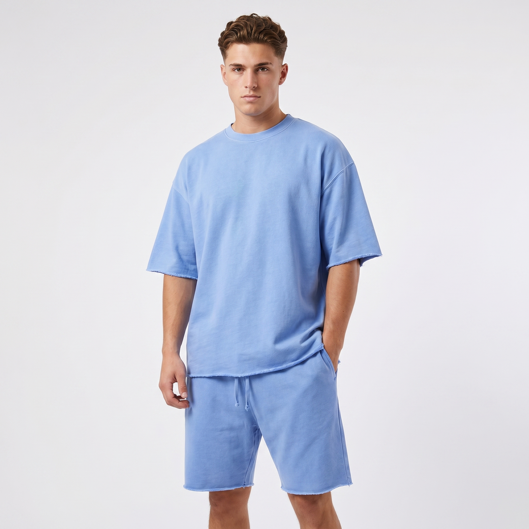 Mens Oversized Tee and Shorts Set - Raw Hem Terry Summer Co-ord