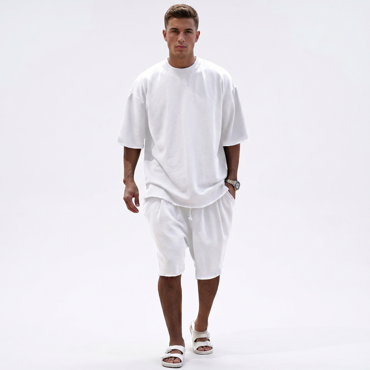 Mens Oversized Tee and Shorts Set - Raw Hem Terry Summer Co-ord