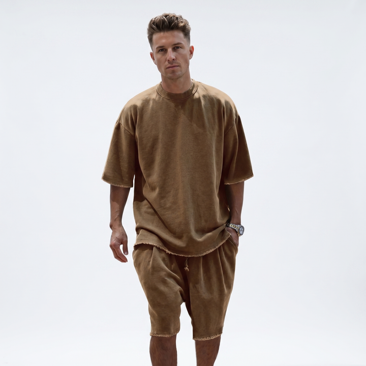 Mens Oversized Tee and Shorts Set - Raw Hem Terry Summer Co-ord