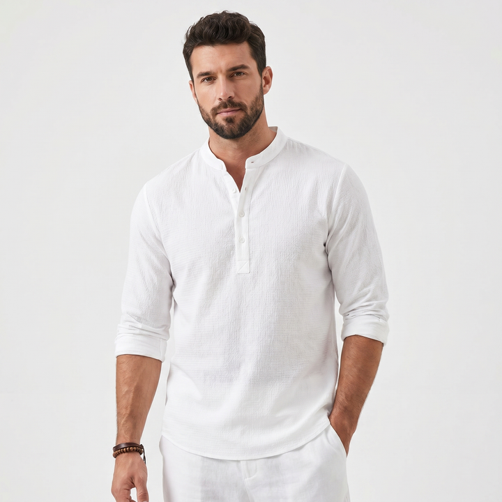 Mens Henley Shirt - Long Sleeve Mandarin Collar Summer Linen Shirt