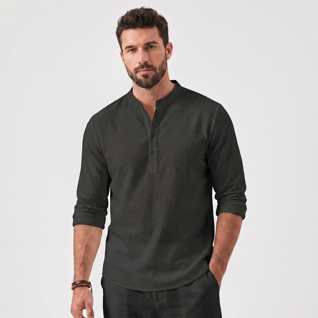 Mens Henley Shirt - Long Sleeve Mandarin Collar Summer Linen Shirt