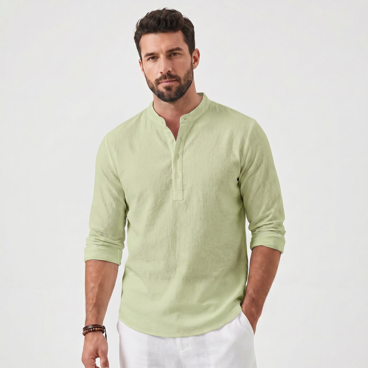 Mens Henley Shirt - Long Sleeve Mandarin Collar Summer Linen Shirt