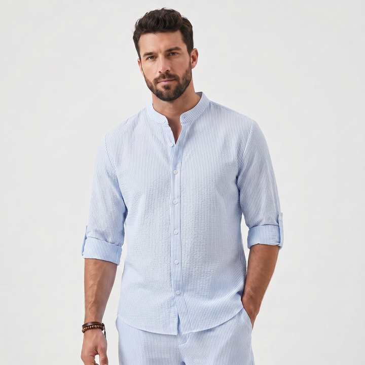 Mens Henley Shirt - Long Sleeve Mandarin Collar Summer Linen Shirt