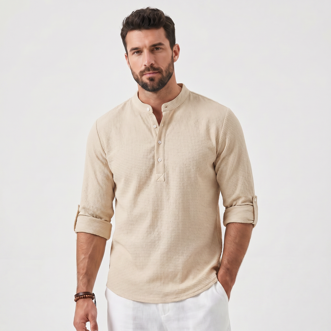 Mens Henley Shirt - Long Sleeve Mandarin Collar Summer Linen Shirt
