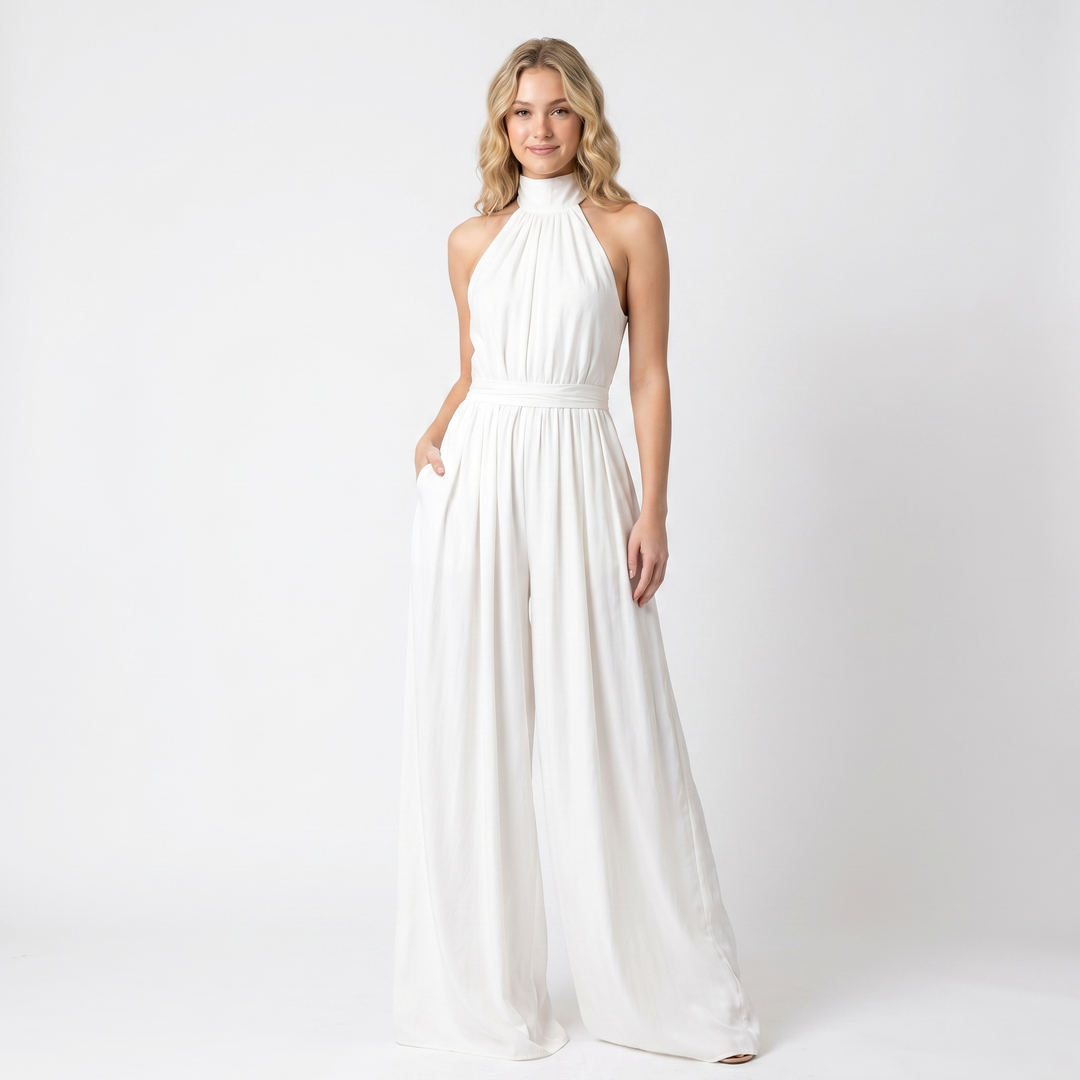 Halter Neck Wide Leg Jumpsuit - High Neck Flowy Formal Jumpsuit