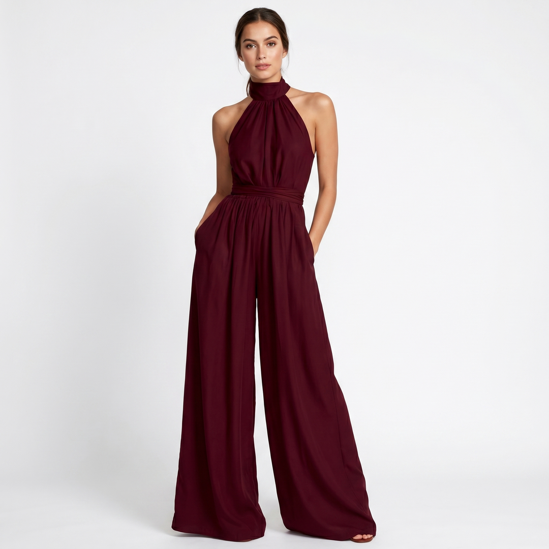 Halter Neck Wide Leg Jumpsuit - High Neck Flowy Formal Jumpsuit