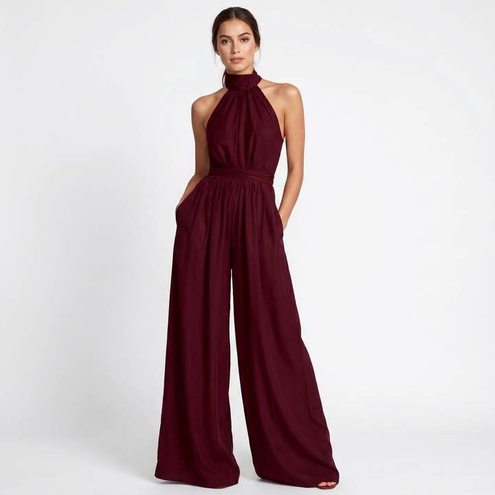 Halter Neck Wide Leg Jumpsuit - High Neck Flowy Formal Jumpsuit