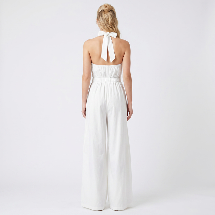 Halter Neck Wide Leg Jumpsuit - High Neck Flowy Formal Jumpsuit