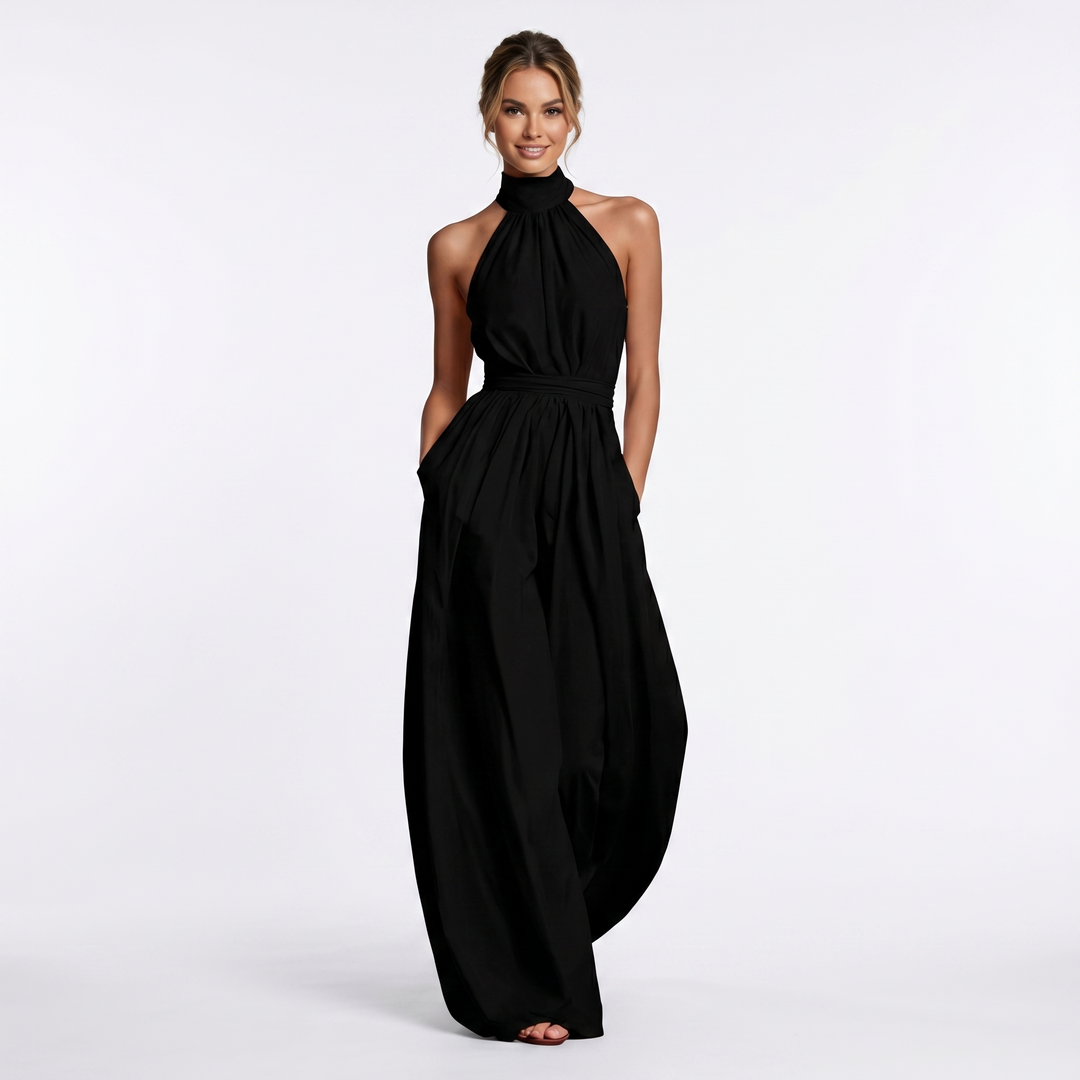 Halter Neck Wide Leg Jumpsuit - High Neck Flowy Formal Jumpsuit