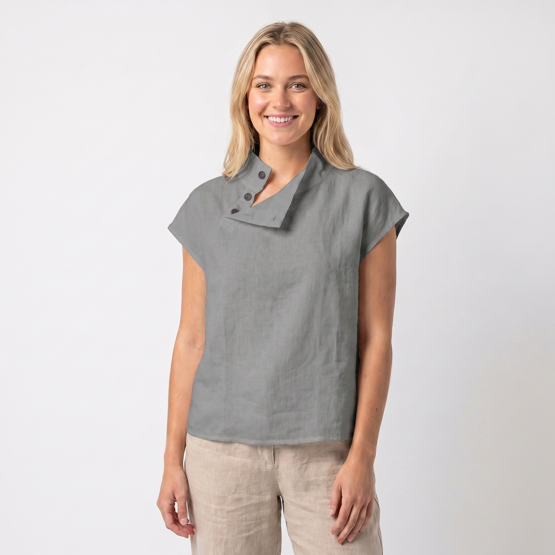 Linen Top Women - Asymmetric Button Collar Short Sleeve Blouse