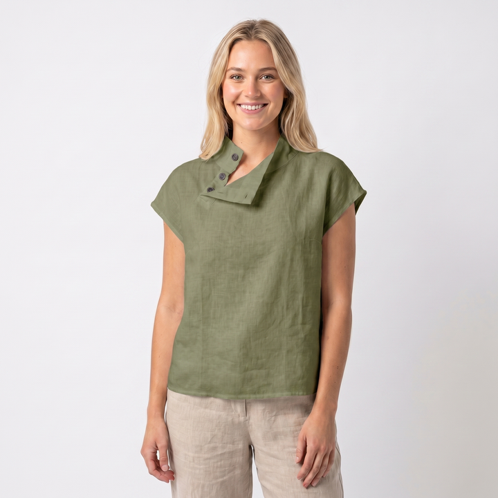 Linen Top Women - Asymmetric Button Collar Short Sleeve Blouse