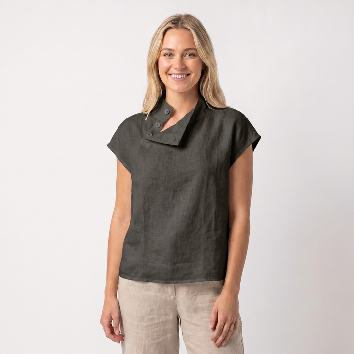 Linen Top Women - Asymmetric Button Collar Short Sleeve Blouse