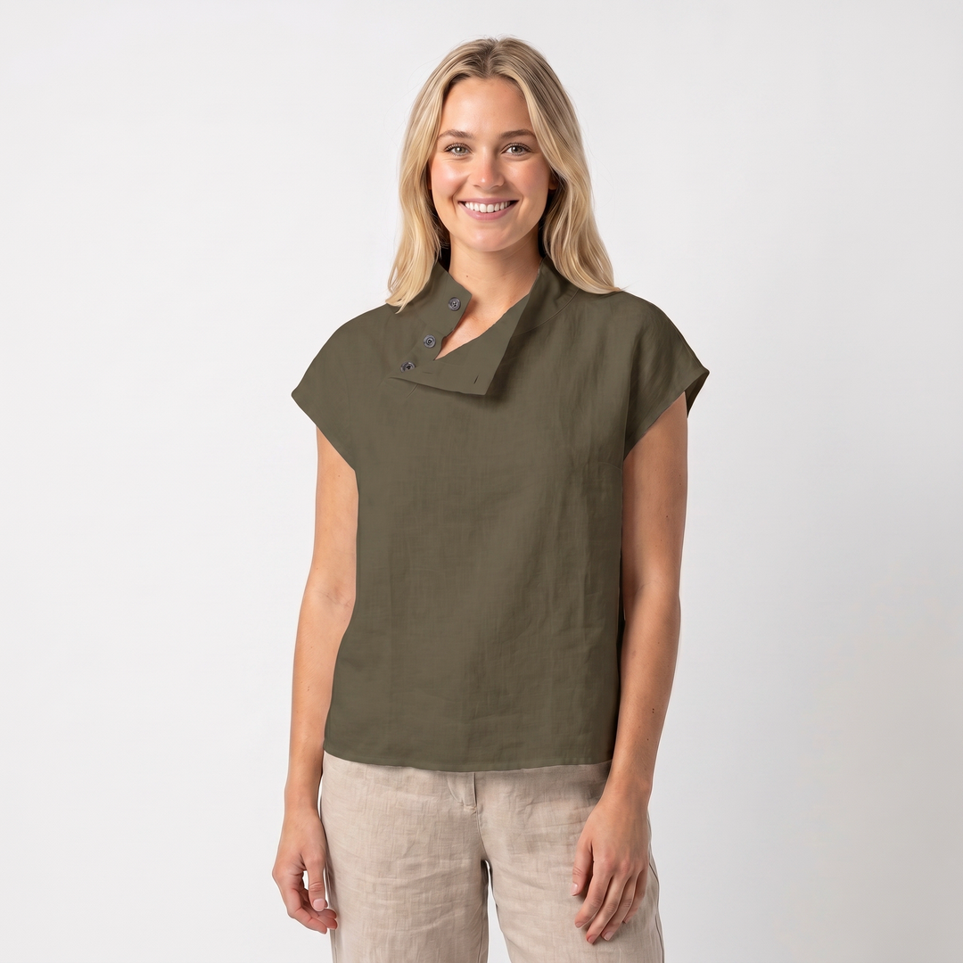 Linen Top Women - Asymmetric Button Collar Short Sleeve Blouse