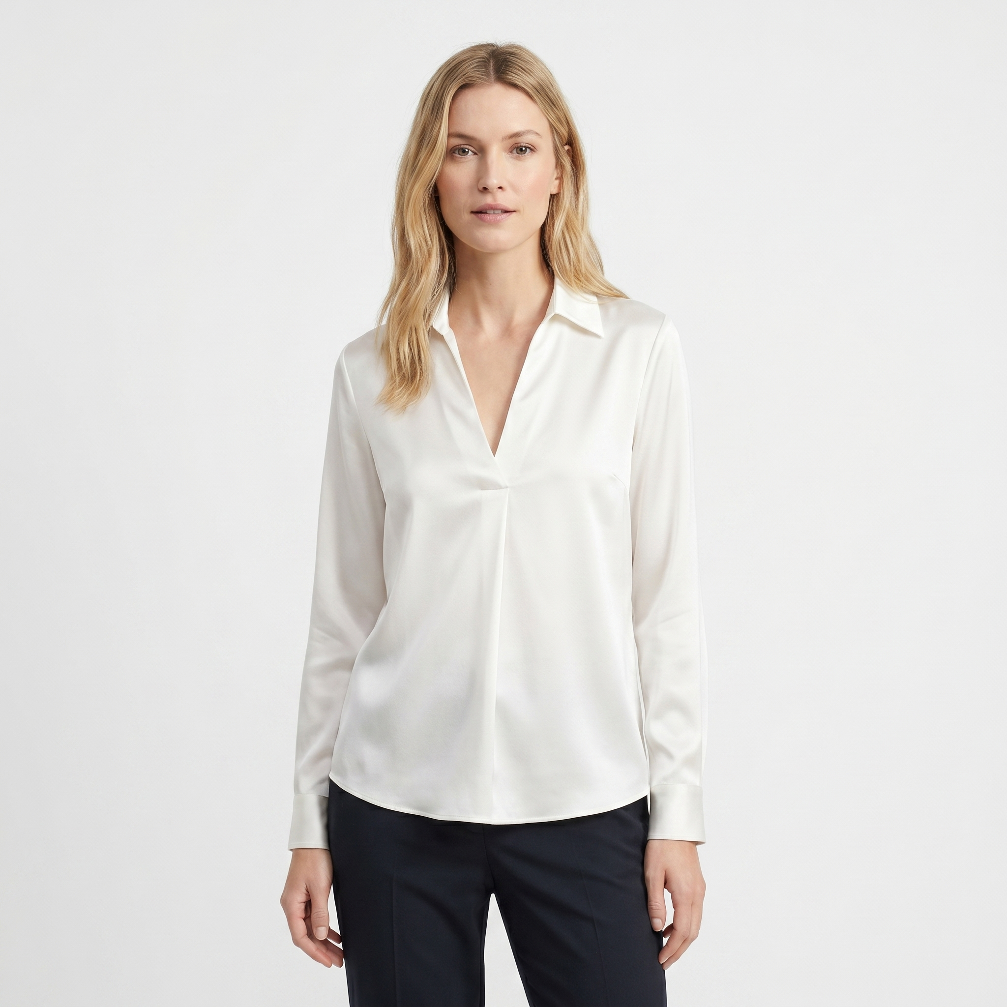 Satin Blouse Women - Long Sleeve V Neck Collared Silk Work Top