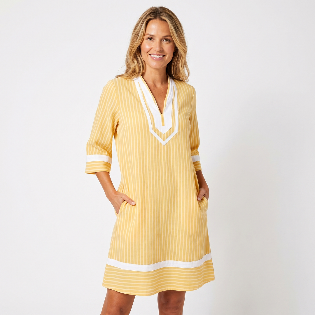 Striped Tunic Dress - V Neck Contrast Trim Summer Beach Cover Up