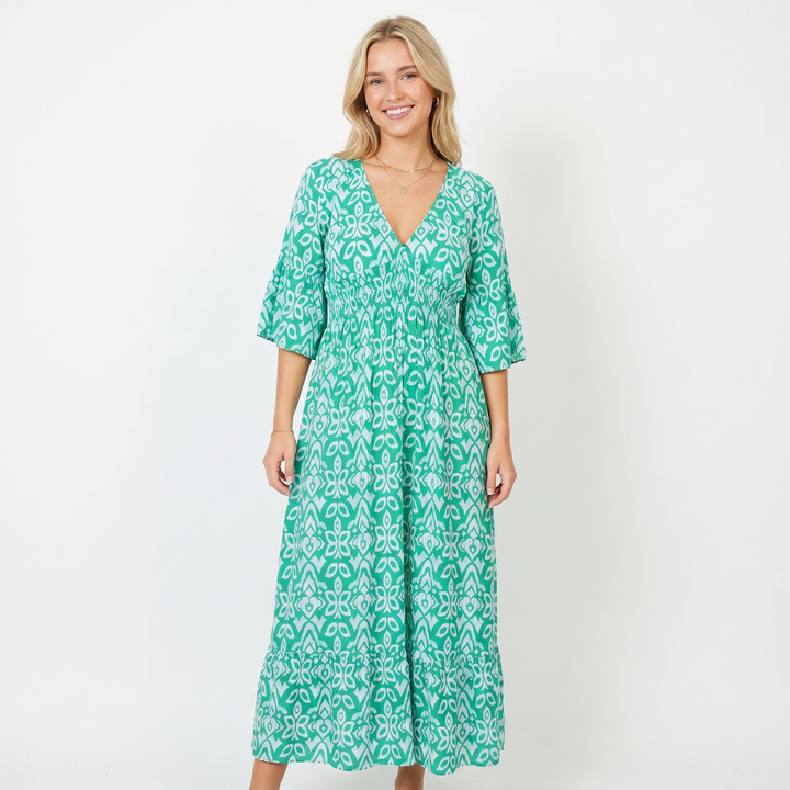 V Neck Printed Midi Dress - Shirred Waist Boho Summer Tiered Dress