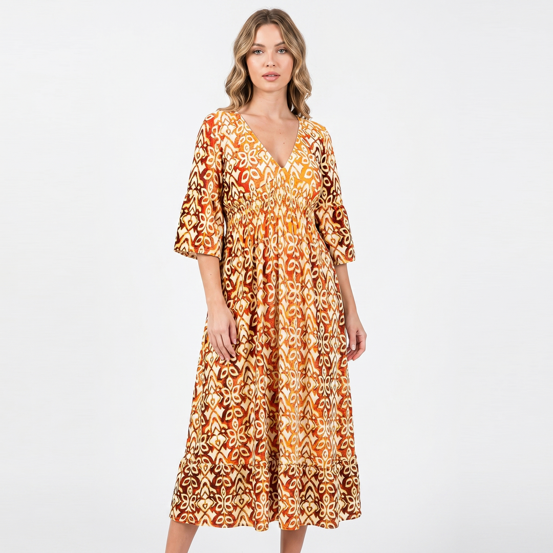 V Neck Printed Midi Dress - Shirred Waist Boho Summer Tiered Dress