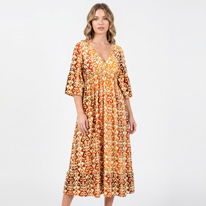 V Neck Printed Midi Dress - Shirred Waist Boho Summer Tiered Dress
