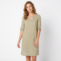 Printed Shift Midi Dress - Split Neck Roll Sleeve Summer Tunic Dress