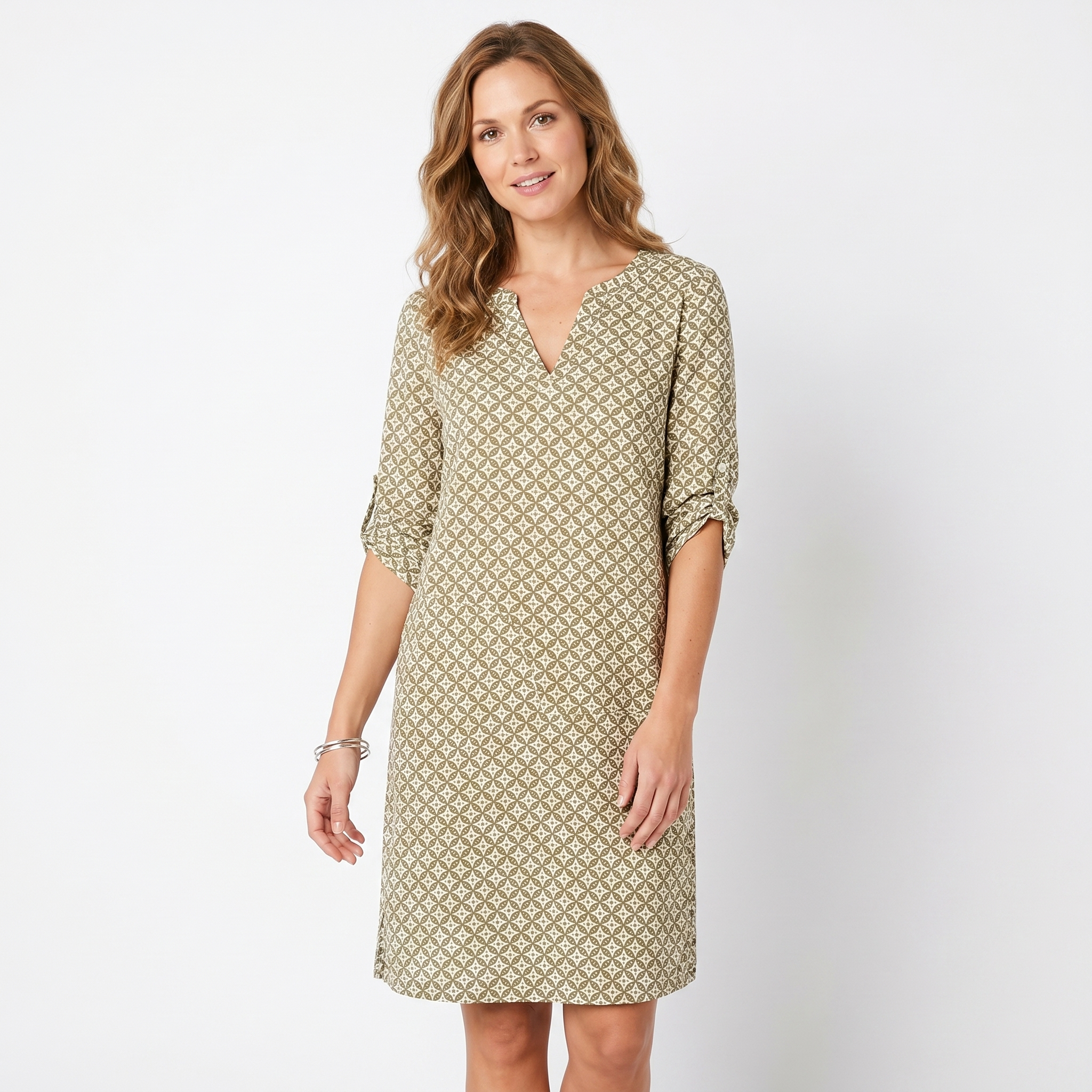 Printed Shift Midi Dress - Split Neck Roll Sleeve Summer Tunic Dress
