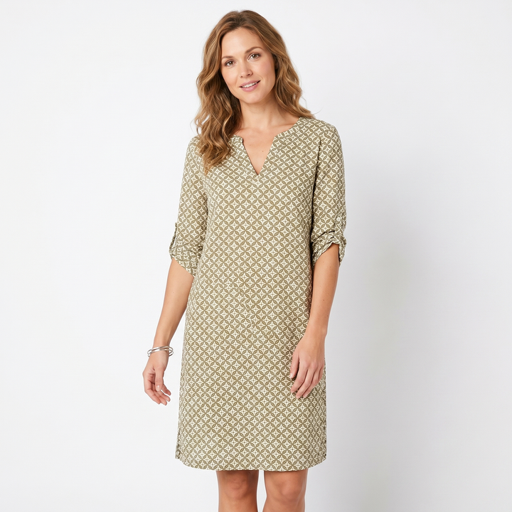 Printed Shift Midi Dress - Split Neck Roll Sleeve Summer Tunic Dress