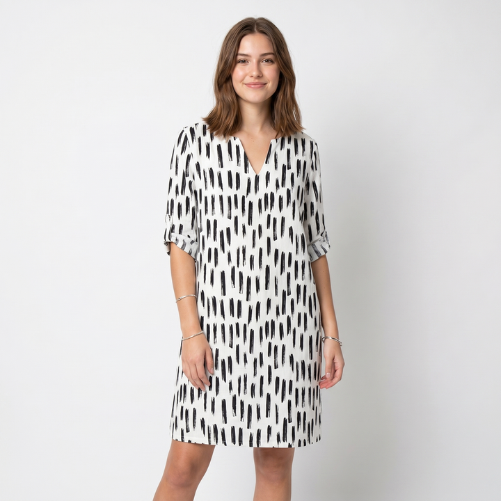 Printed Shift Midi Dress - Split Neck Roll Sleeve Summer Tunic Dress
