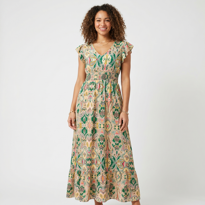 Paisley Maxi Dress - V Neck Ruffle Sleeve Boho Summer Dress