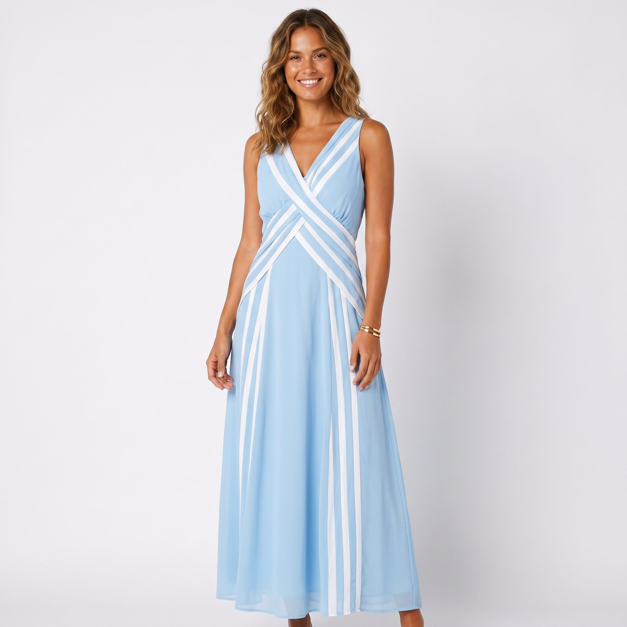 V Neck Midi Dress - Contrast Stripe Sleeveless Wedding Guest Dress
