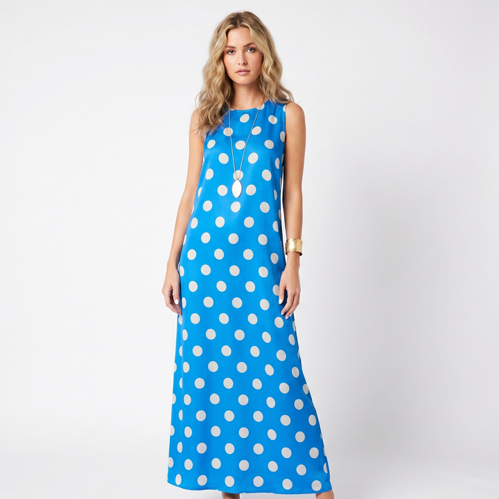 Sleeveless Maxi Dress - Crew Neck Printed A Line Summer Dress