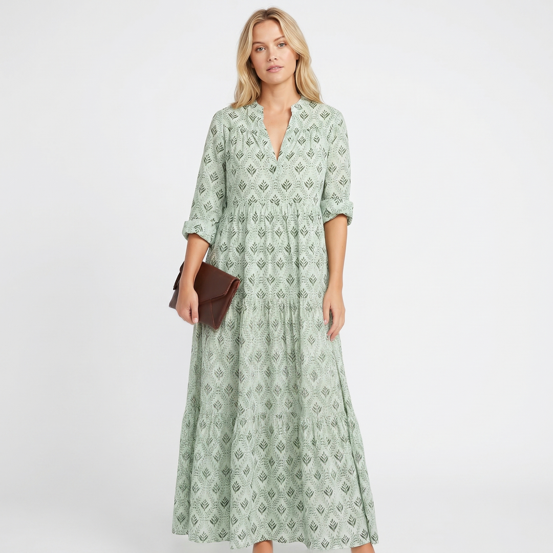 Printed Maxi Dress - V Neck Tiered Long Sleeve Boho Summer Dress