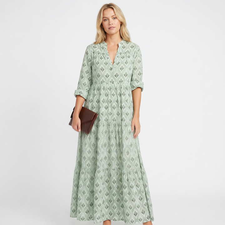 Printed Maxi Dress - V Neck Tiered Long Sleeve Boho Summer Dress